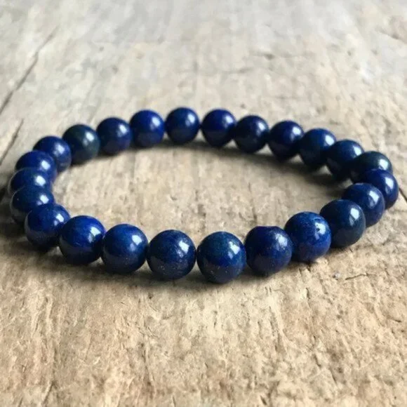 Men's Lapis Lazuli Beaded Gemstone Stretch Bracelet - 8mm Beads - Picture 4 of 5